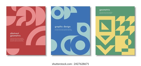 Retro abstract posters with geometric pattern of maroon, blue and green simple graphic shapes. Vector composition of square, circles, triangles and arches, trendy minimalist geometric banner templates