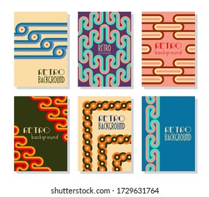 Retro abstract posters set. Backgrounds with round geometric shapes and stripes. Vector illustration.