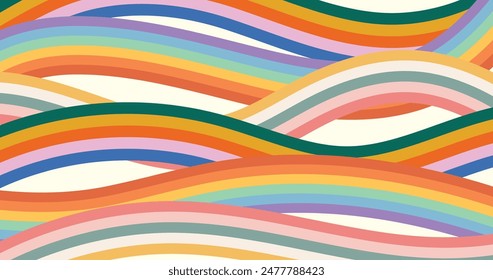 Retro Abstract Rainbow Stripes Background, 60s 70s Style, Groovy Pastel Waves, Psychedelic Design Banner Template