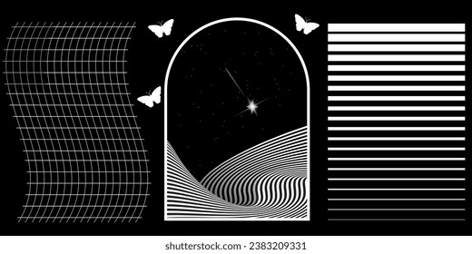 Retro abstract rave psychedelic set in trendy y2k style. Retro futuristic shapes, and patterns, wireframe, perspective grids and cyberpunk elements.  Vector illustration