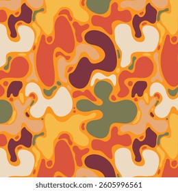 Retro Abstract Seamless Pattern with Colorful Liquid Organic Forms. Multicolored decorative groovy fluid shapes. Hand drawn geometric bulky lines. Hippie banner 