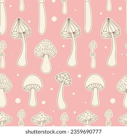 Retro abstract seamless pattern with groovy mushrooms. Forest garden vector surface design for invitation, wrapping paper, packaging etc.