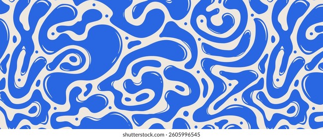 Retro Abstract Seamless Pattern with Liquid Blue Organic Forms. Decorative groovy fluid shapes isolated on white background. Hand drawn geometric bulky lines. Hippie banner 