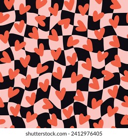 Retro abstract seamless pattern with red hearts on a wavy checkered background. Groovy romantic print  for Valentine day. Vector illustration