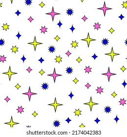 Retro abstract seamless pattern with stars and brights shapes.Retro computer aesthetic. 90s computer and gams style. Old Pc background. Y2k trendy pattern