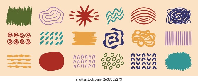 Formas abstratas retrô rabiscar Conjunto de elementos de vetor de artes desenhadas à mão. Formas orgânicas e design de traçado de pincel. elementos sociais post para decoração de fundo, impressão, papel de parede. Ilustração vetorial