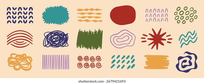 Conjunto de elementos de Vector de artes dibujadas a mano de doodle de Formas abstractas retro. Formas orgánicas y diseño de trazo de pincel. Elementos de poste social para decoración de fondo, impresión, Fondo de pantalla. Ilustración vectorial