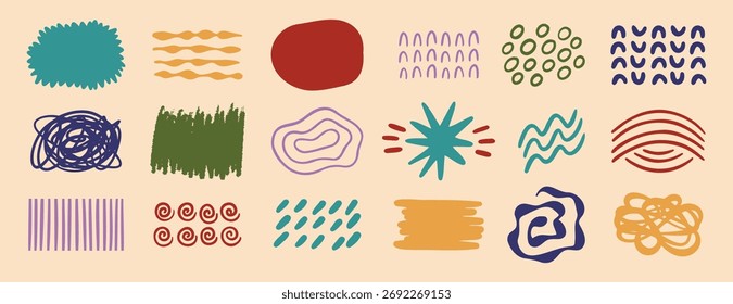 Retro abstract shapes doodle Hand drawn arts vector element set. Organic Shapes and brush stroke design. social post elements for background decoration, print, wallpaper. Vector illustration