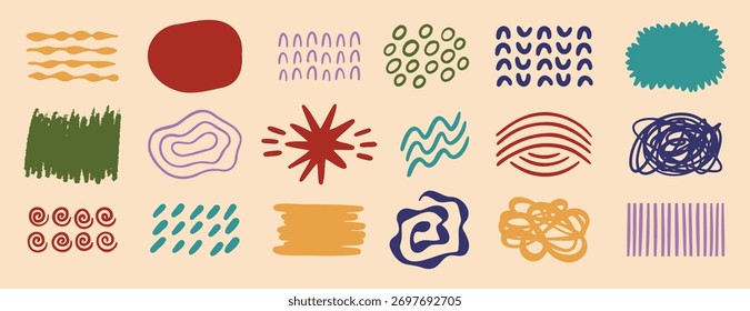 Retro abstract shapes doodle Hand drawn arts vector element set. Organic Shapes and brush stroke design. social post elements for background decoration, print, wallpaper. Vector illustration
