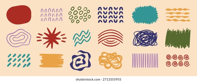 Formas abstratas retrô rabiscar Conjunto de elementos de vetor de artes desenhadas à mão. Formas orgânicas e design de traçado de pincel. elementos sociais post para decoração de fundo, impressão, papel de parede. Ilustração vetorial