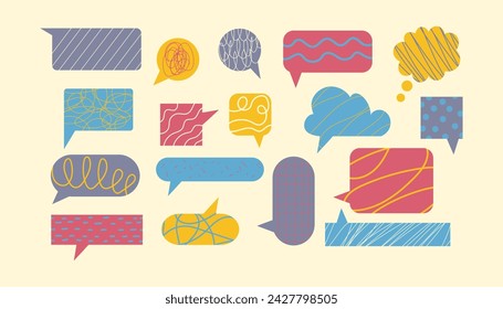 Conjunto de burbujas de discurso abstracto retro. Plantilla de nube de chat de diseño con textura de garabato dentro. Ilustración plana de pegatina de boceto. Vector