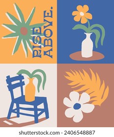 Retro abstract summer elements ilustration print with vintage hand drwan flowers chair sun leaf and motivational slogan for graphic tee t shirt or poster canvas - Vector