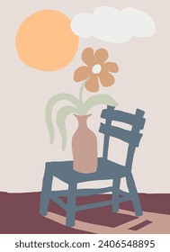 Retro abstract summer elements ilustration print with vintage hand drwan flowers chair sun leaf and motivational slogan for graphic tee t shirt or poster canvas - Vector