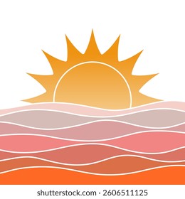 Retro abstract sunset landscape 70's style mid century modern graphic design vector, pink and red vintage illustration, colorful minimal Art Deco gradient striped pattern, fun pretty poster background
