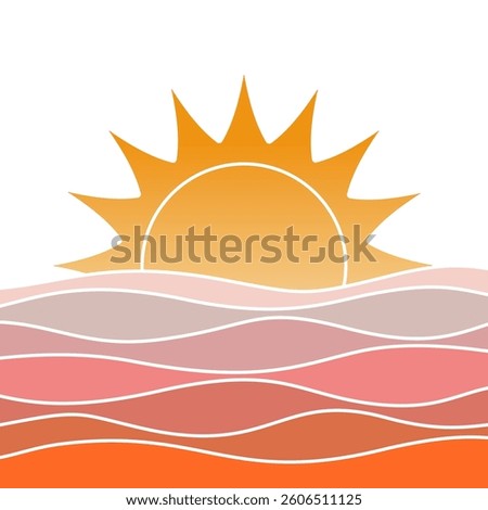 Retro abstract sunset landscape 70's style mid century modern graphic design vector, pink and red vintage illustration, colorful minimal Art Deco gradient striped pattern, fun pretty poster background