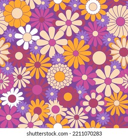 Retro abstract surface pattern design for textile print, stationery, wrapping paper. Colorful seamless pattern with vintage vector groovy flowers. Geometric floral silhouettes.