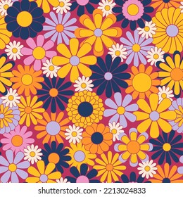 Retro abstract surface pattern design for textile print, stationery, wrapping paper. Colorful seamless pattern with vintage vector groovy flowers. Geometric floral silhouettes.