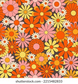 Retro abstract surface pattern design for textile print, stationery, wrapping paper. Colorful seamless pattern with vintage vector groovy flowers. Geometric floral silhouettes.