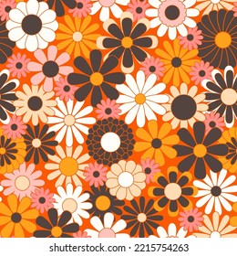 Retro abstract surface pattern design for textile print, stationery, wrapping paper. Colorful seamless pattern with vintage vector groovy flowers. Geometric floral silhouettes.