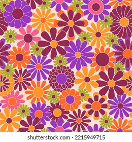 Retro abstract surface pattern design for textile print, stationery, wrapping paper. Colorful seamless pattern with vintage vector groovy flowers. Geometric floral silhouettes.