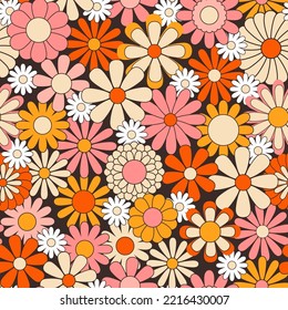 Retro abstract surface pattern design for textile print, stationery, wrapping paper. Colorful seamless pattern with vintage vector groovy flowers. Geometric floral silhouettes.