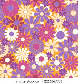 Retro abstract surface pattern design for textile print, stationery, wrapping paper. Colorful seamless pattern with vintage vector groovy flowers. Geometric floral silhouettes.