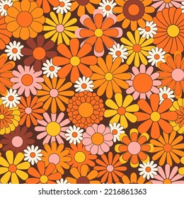 Retro abstract surface pattern design for textile print, stationery, wrapping paper. Colorful seamless pattern with vintage vector groovy flowers. Geometric floral silhouettes.