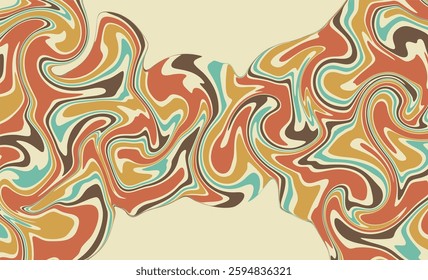 a retro abstract vector background featuring fluid, wavy, and organic shapes in earthy tones like brown, orange, mustard yellow, and teal.