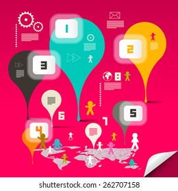 Retro Abstract Vector Infographics Template - Layout with Colorful Bubbles and World Map on Pink Background