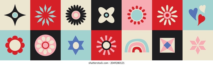 Retro abstract vector pattern border background. Fun bright vector banner element with flowers, rainbows, and decorative details. Design resource in black, blue, red and pink.