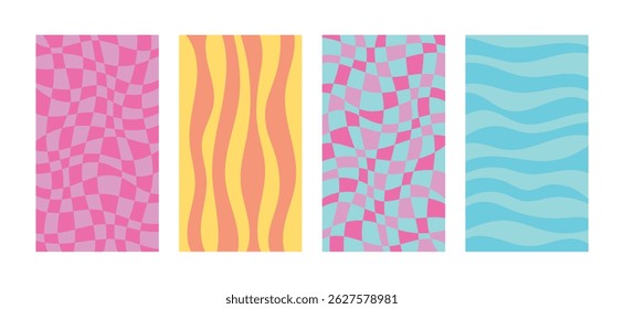 Retro abstract vertical backgrounds set for social media. Bright 90s color palette. Flat style vector illustration