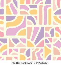 Retro abstract wallpaper print. Soft geometric shapes home decor design inspired by Scandinavian and Mid-century aesthetics. Groovy seamless pattern in pastel tones. Vector illustration