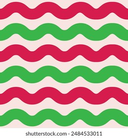 Ondas abstractas retro en verde y rojo sobre fondo blanco patrón sin fisuras. Para fondos de Navidades, tela y papel de envoltura 