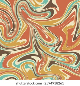 a retro, abstract, wavy vector background with earthy tones including orange, brown, yellow, cream, and teal. The fluid, swirled pattern is reminiscent of 1960s and 1970s.