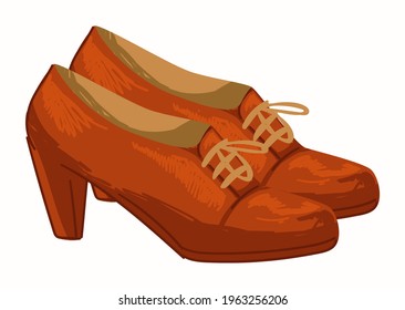 Retro accessories for ladies, isolated vintage red boots with laces and high heels. Model of trendy clothes and old fashioned clothing for girls. Footwear shoes for autumn. Vector in flat style