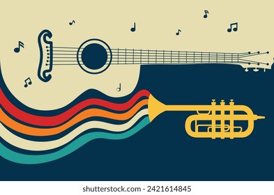 Retro acoustic guitar, trumpet and music notes.