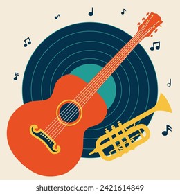 Retro acoustic guitar, trumpet and music notes.
