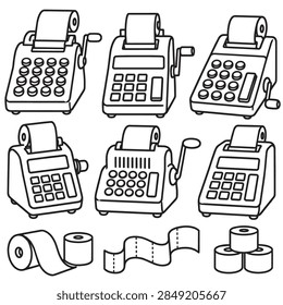 A retro adding machine and cash register collection with paper roll elements in line art style for creative coloring book pages to bring nostalgic feelings