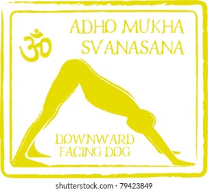 Retro Adho Svanasana Downward Facing Dog Yoga Pose in Passport Stamp Style Vector Illustration