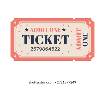 Retro Admit One Ticket. Coupon for film, movie, cinema, circus, carnival, festival. Vector. 