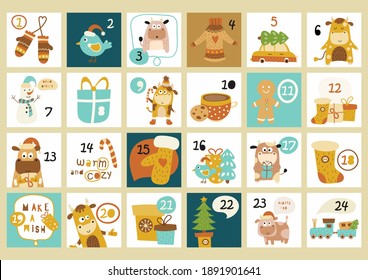 Retro Advent calendar with cute vintage bulls, Christmas elements. Printable vector illustration.
