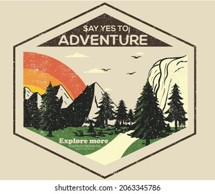 Retro adventure hand digital sketch graphic print design.  Adventure at the mountain vintage print design. 