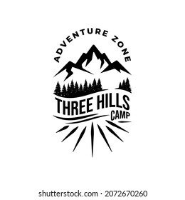 Retro Adventure Rocky Snow Mountain Three Hills Camp Logo Stamp