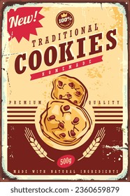 Retro-Werbung für traditionelle selbst gebackene Cookies. Speiseplakat mit leckeren Kuchen. Gebackene Süßigkeiten und Desserts Vintage Vektorgrafik Vorlage.