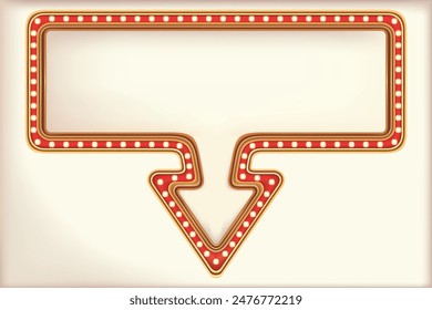 Retro advertising arrow sign red marquee gold light board on white background. Vector illustration