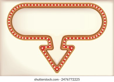 Retro advertising arrow sign red marquee gold light board on white background. Vector illustration