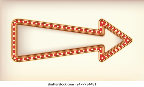 Retro advertising arrow sign red marquee gold light board on white background. Vector illustration