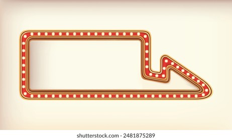 Retro advertising arrow sign red marquee gold light board on white background. Vector illustration