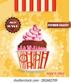 Retro, advertising card, label with realistic, isolated, pink ice cream with whipped cream, small hearts, striped bowl. Text Premium Quality, Must Have. Yellow background with lights, grunge.