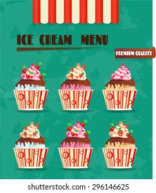 Retro, advertising card with realistic, isolated, pink ice cream with whipped and small hearts, striped bowl. Text Ice Cream, Best Quality, Must Have. Blue background with lights.